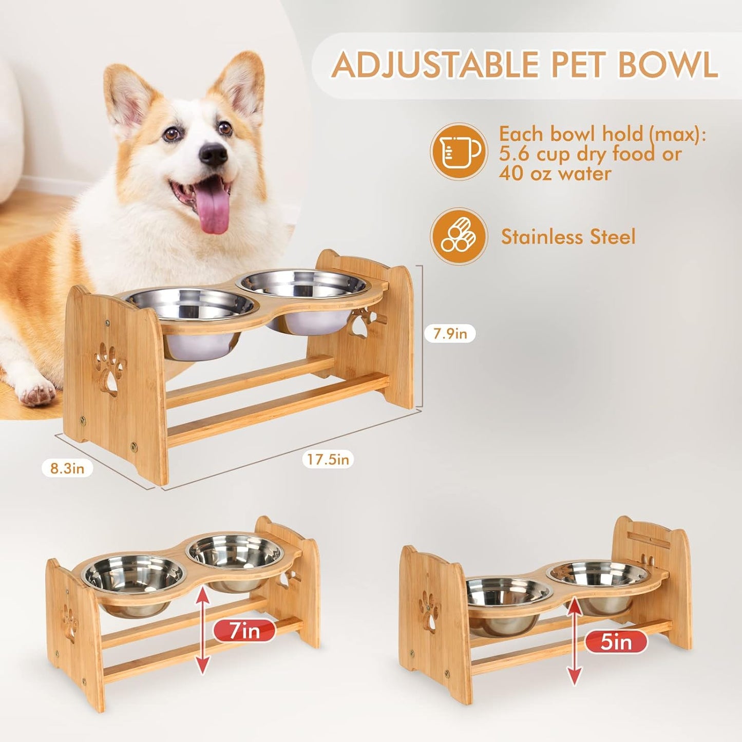 Elevated Dog Bowls for Cats and Dogs, Adjustable Bamboo Raised Dog Bowls for Medium Dog, Food and Water Set Stand Feeder with 2 Stainless Steel Bowls and anti Slip Feet (Height 4.7" to 7")